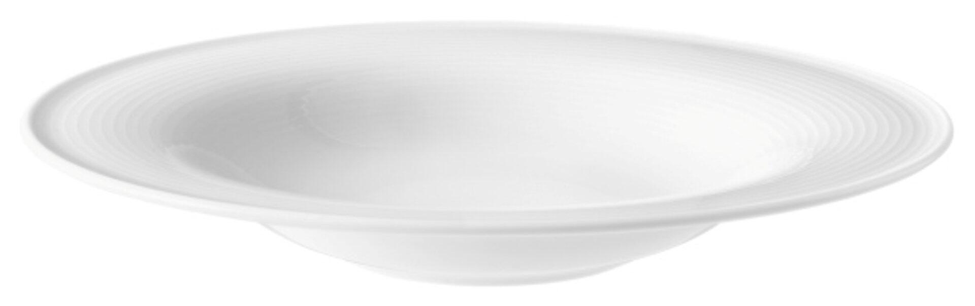 Weißer Pasta-/Salatteller Beat mit gewölbter Form und breitem Rand, detailliert aus der Vogelperspektive dargestellt.