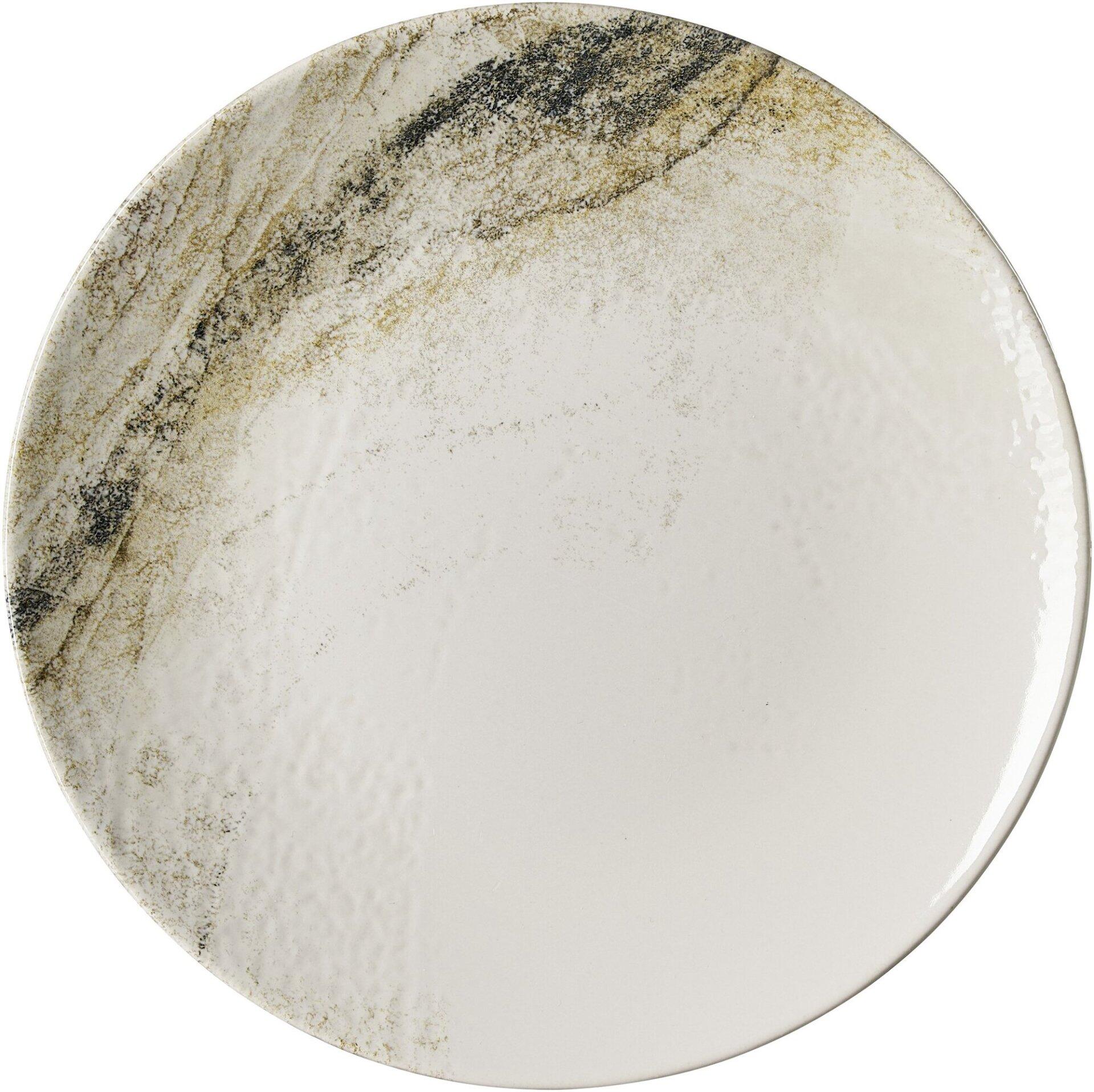 Tellerplatte Arezzo mit rundem Design und marmorähnlichem Muster aus der Vogelperspektive.
