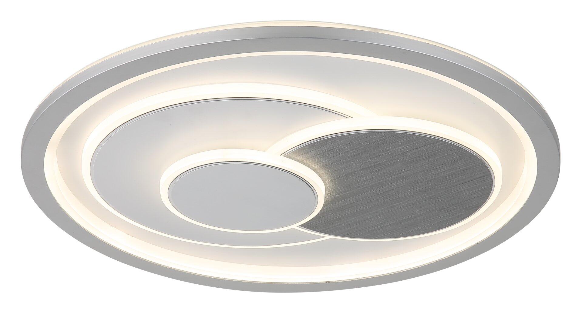 Deckenleuchte RUIZ I mit geschlossener, ovaler Form aus ineinander verschachtelten, beleuchteten Ringen und zentralem Zylinder mit Metalloptik.