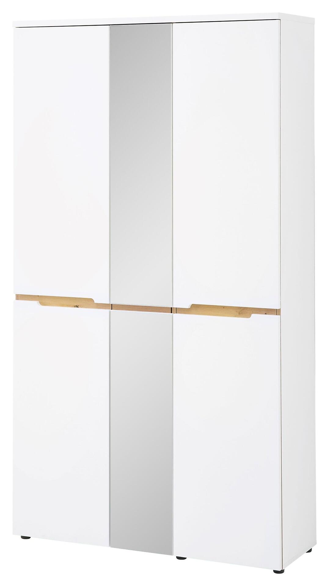 Garderobenschrank Memphis mit weißen, superglänzenden Türen, goldenen Griffen, sichtbarer Innenraum mit Holzböden und schwarzem Fuß, abgebildet aus der Seitenansicht.