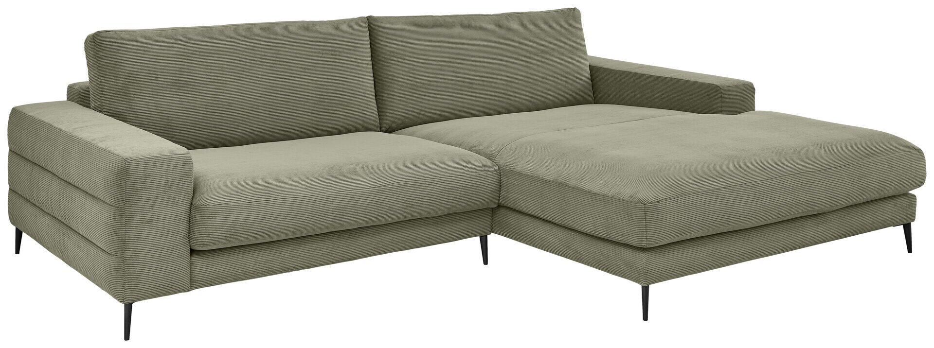 Ecksofa Badia Base 2.0 in Olivgrün mit schwarzem Metallfuß, separater Longchair und hoher Rückenlehne, aus der Seitenperspektive zur Darstellung der Tiefe.