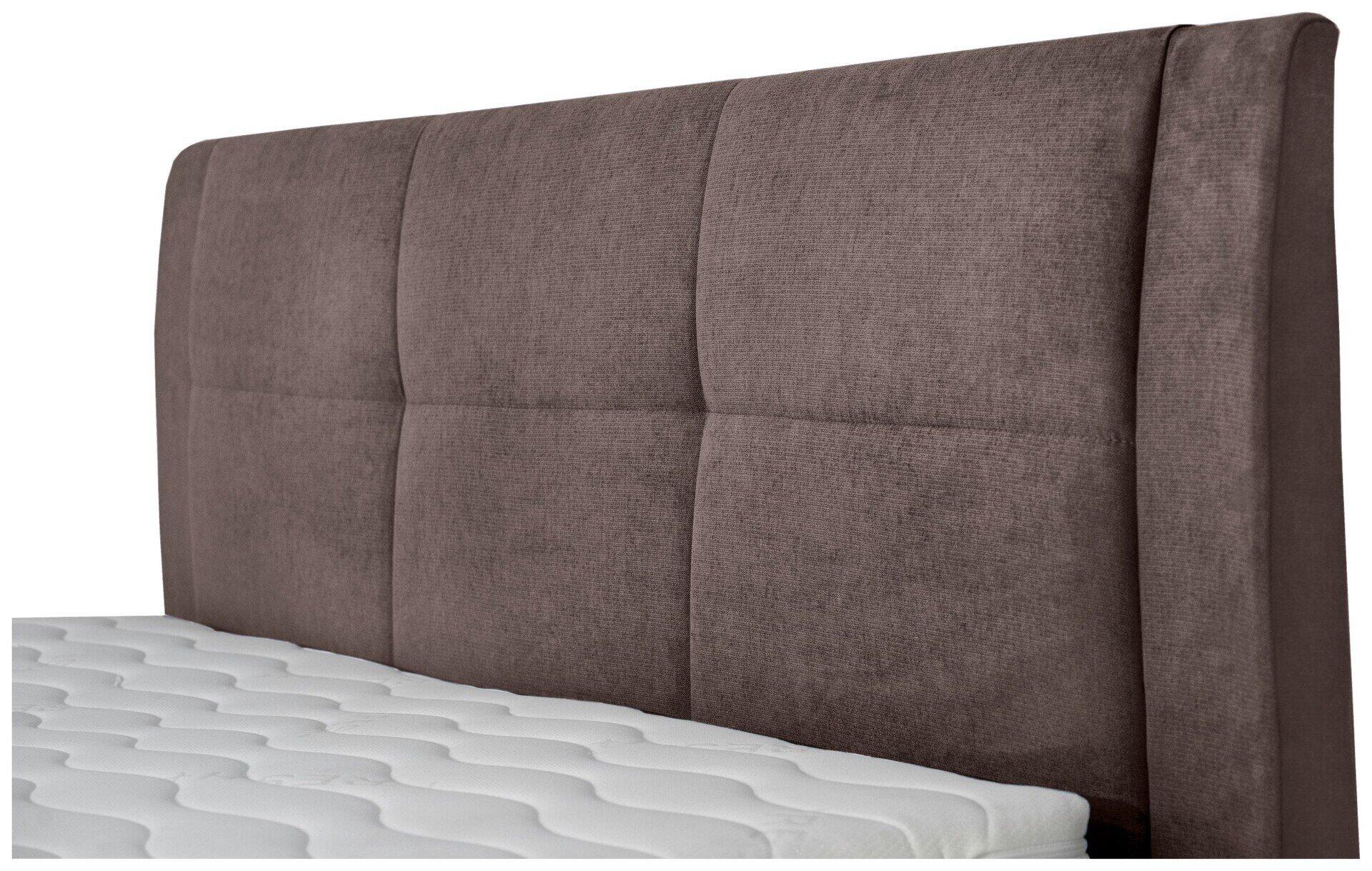 Kopfteil des Boxspringbettes Limos 2 mit grau-braunem Stoffbezug und rechteckigen Kissenstegen, als bequeme Lehne dargestellt.