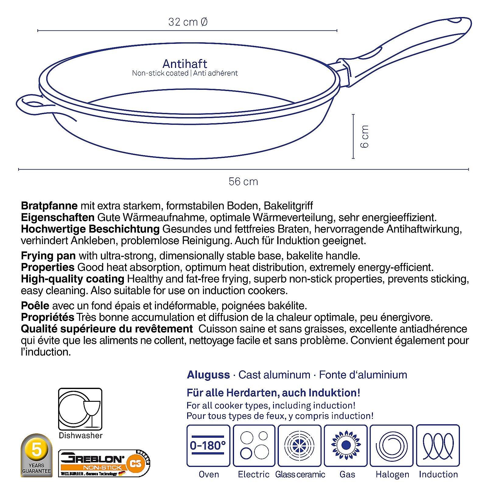 Bratpfanne Kerros mit Ø32cm und 6cm hohem Rand, Detailaufnahme zeigt die Form und die Induktions- sowie Antihaft-Eigenschaften.