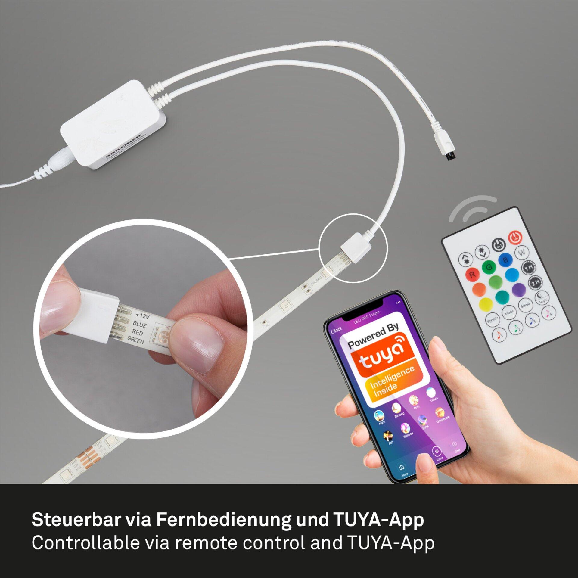 LED Band Magic Smart mit Fernbedienung und Smartphone-Steuerung über Tuya-App, zeigt Farbmarkierungen und eine leicht nach oben geneigte Perspektive.