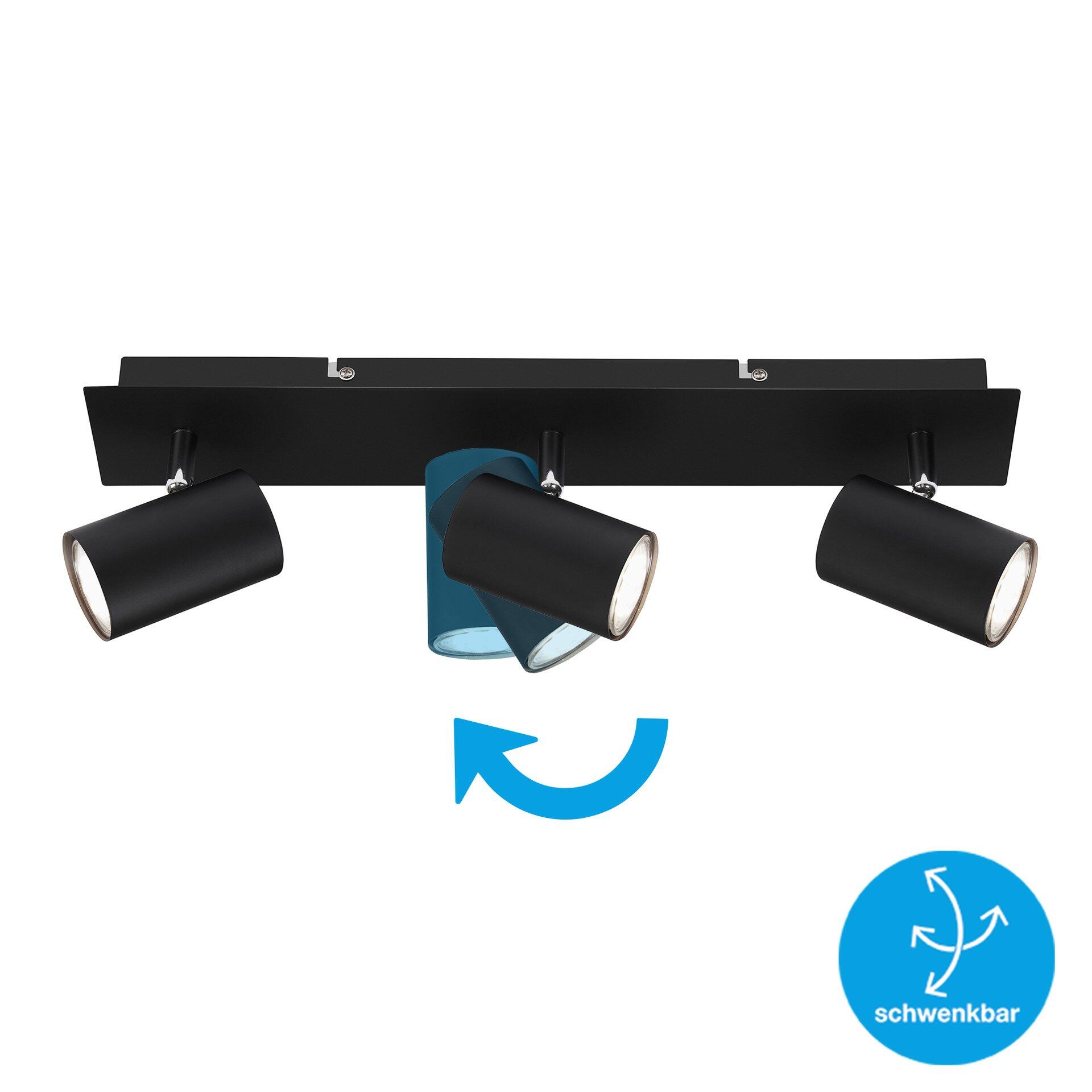 Spot, Run Deckenleuchte mit drei schwenk- und drehbaren GU10-Spots, dargestellt in Frontalperspektive mit Fokus auf die flexible Lichtausrichtung.