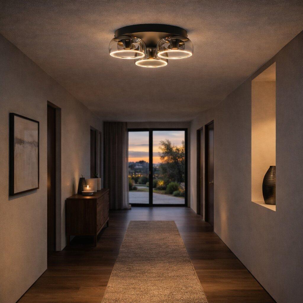 Moderne Deckenleuchte Phantom mit drei LED-Ringen in verschiedenen Ebenen, die warmes Licht ausstrahlt und die einladende Atmosphäre eines modernen Flurs betont.
