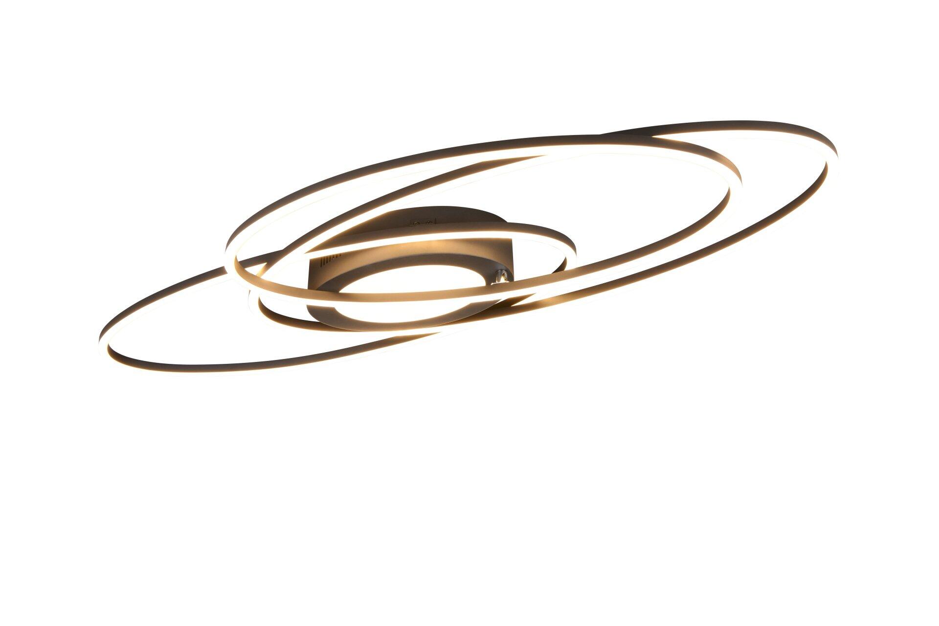 Moderne goldfarbene Deckenleuchte Ovine mit rautenförmigem Zentrum und kreisbogenförmigen Ringelementen, dargestellt in einer Drahtansicht, die das skulpturale Design betont.
