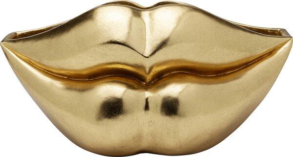 Goldene Lippen-Schalen-Vase Lips Gold, Detailaufnahme frontal, stilisiert und glänzend mit Reflexionen, die eine Schale für Schmuck oder kleine Gegenstände zu bilden scheint.