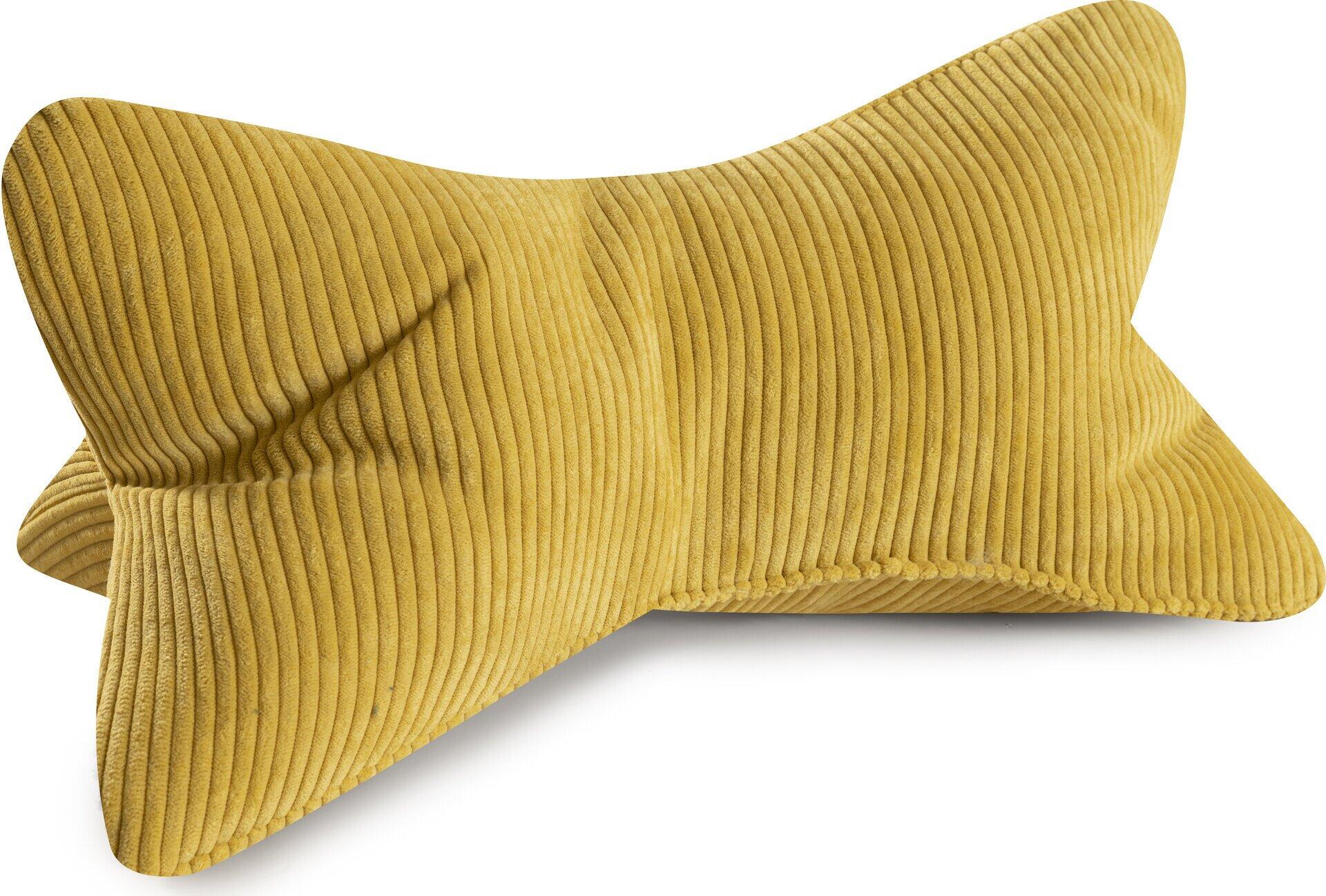 Gelbes Leseknochen "Inga" mit Cordstruktur und ergonomischer C-Form zur Nackenstütze.