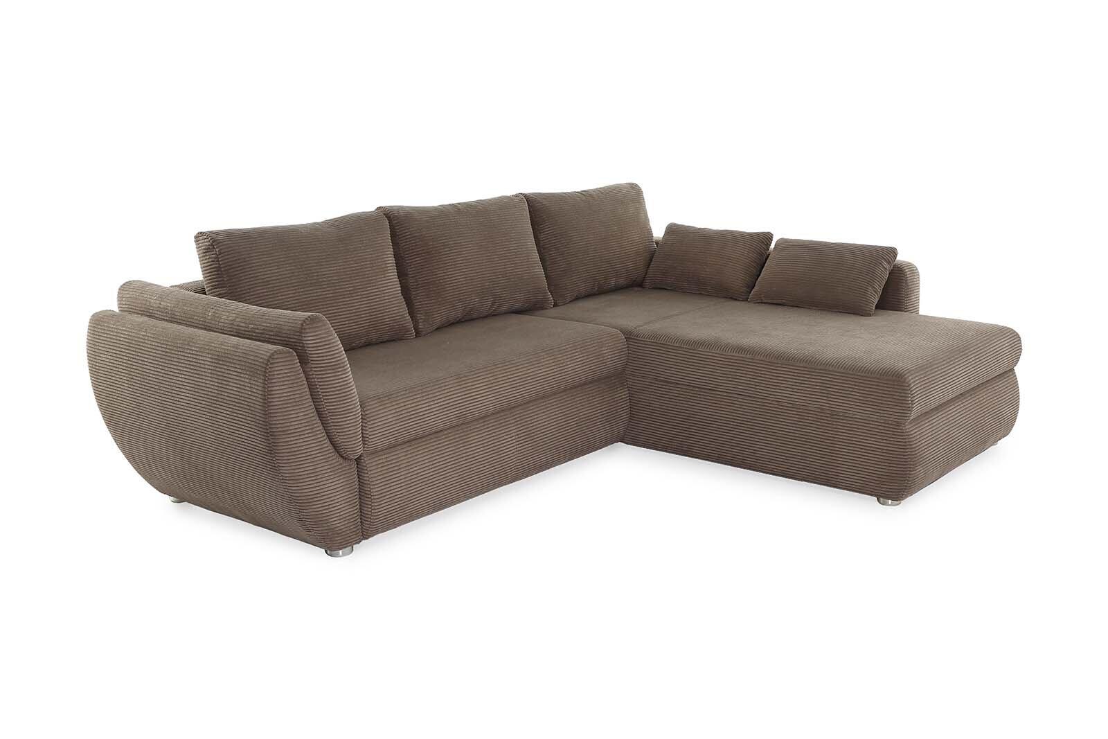 Wohnlandschaft Taifun in Cord-Taupe mit strukturierter Samtoptik, chromfarbenen Füßen und einer Chaiselongue, die rechts oder links montierbar ist.