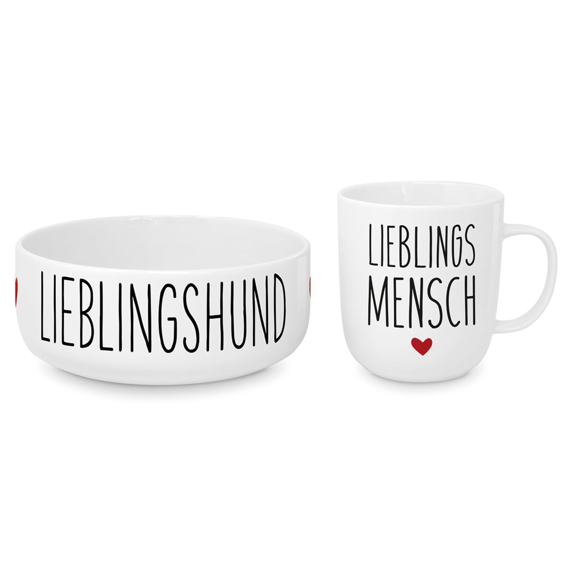 "Weißes PO Dog Set mit Tasse mit Aufschrift 'LIEBLINGSMENSCH' und Schale mit Aufschrift 'LIEBLINGSHUND' auf weißem Hintergrund."