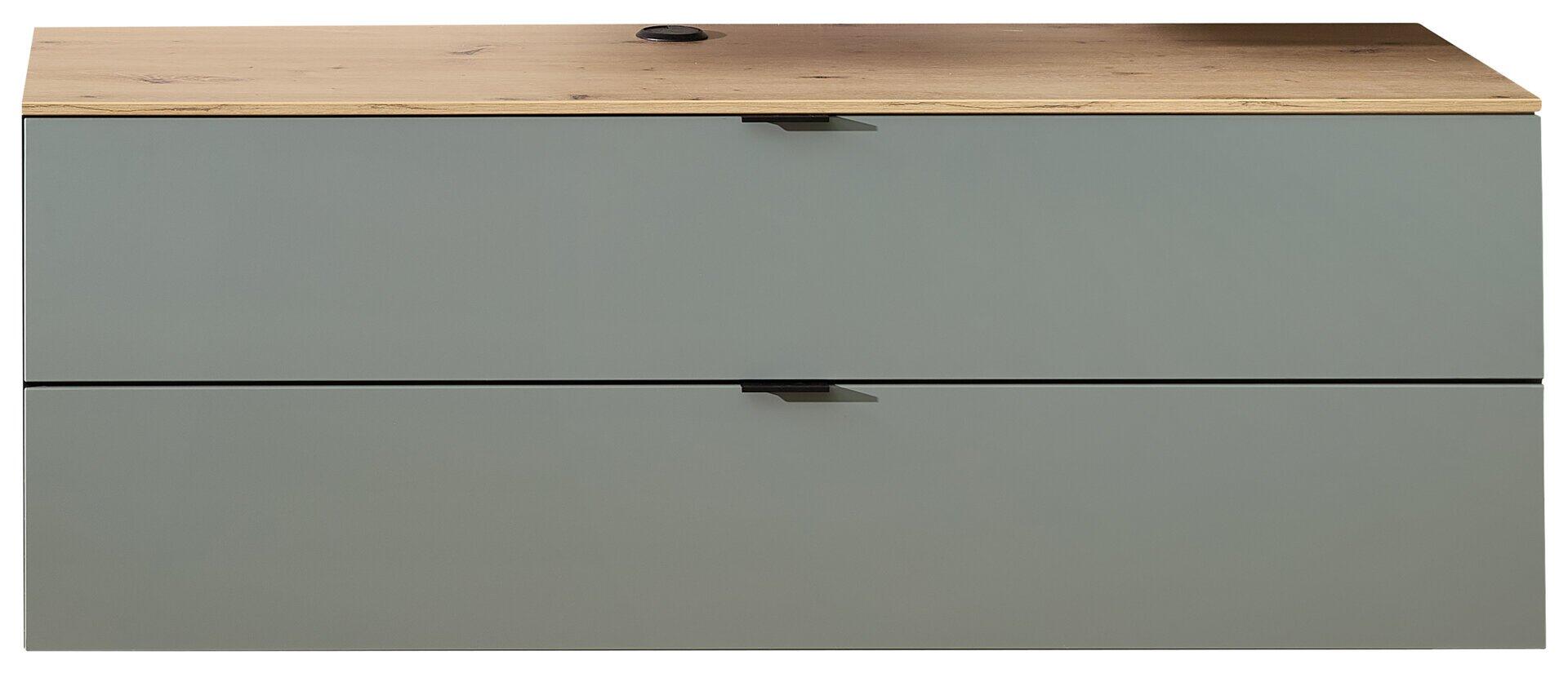 Unterteil Ina mit zwei Schubladen, einer schilfgrünen Front und einer oberen Leistenoptik aus Artisan Eiche, sowie einer in der Mitte befindlichen Öffnung.