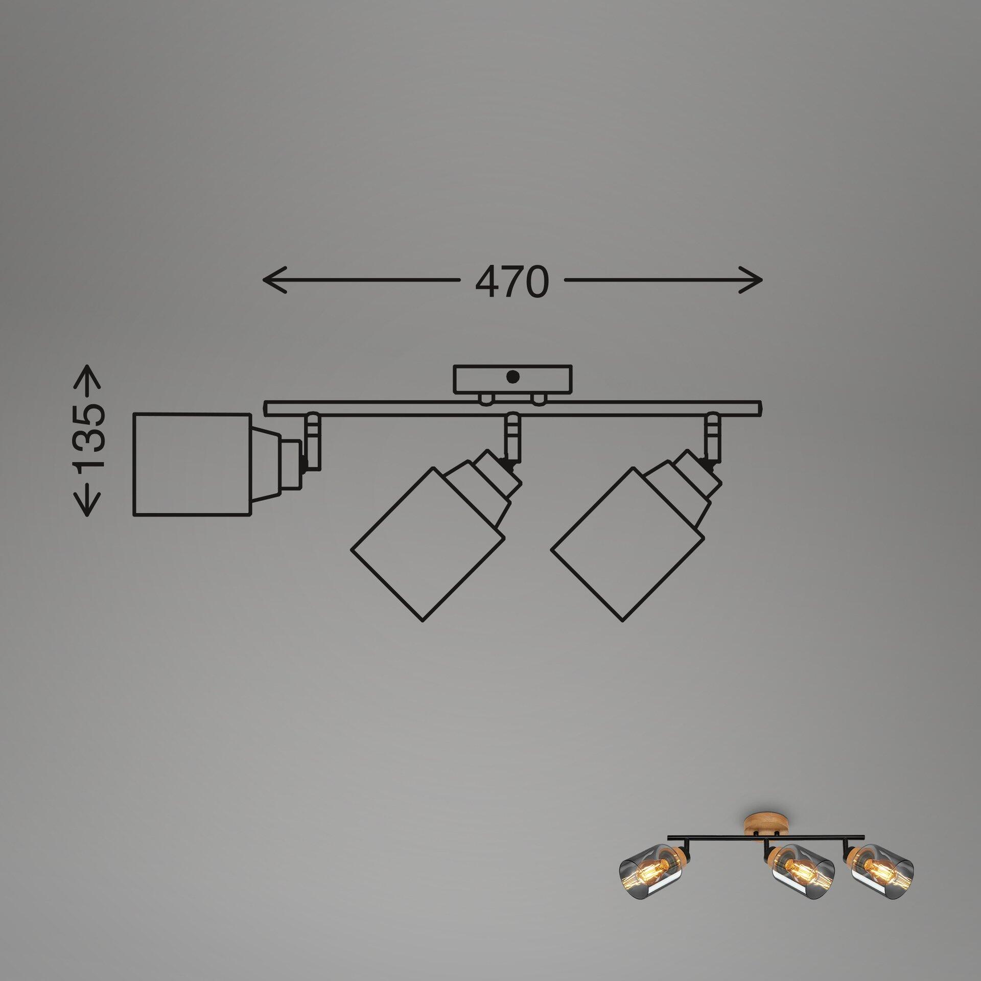 Technische Zeichnung der Spot Deckenleuchte von Hema, die isometrisch die drei beweglichen Lampenarme mit kuppelförmigen Leuchten und Holzdetails in maximaler Ausstreckung (Höhe 135 cm, Breite 470 cm) zeigt.