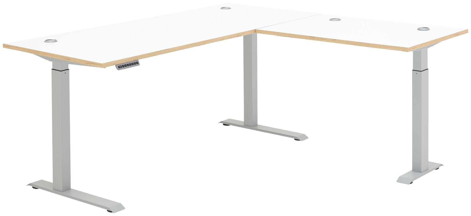 Schreibtisch Memphis mit L-Form, weißer Tischplattenfront und Artisan Eiche Nb-Element, in erhöhter Position, um die höhenverstellbare Funktion mit Bedienfeld zu demonstrieren.