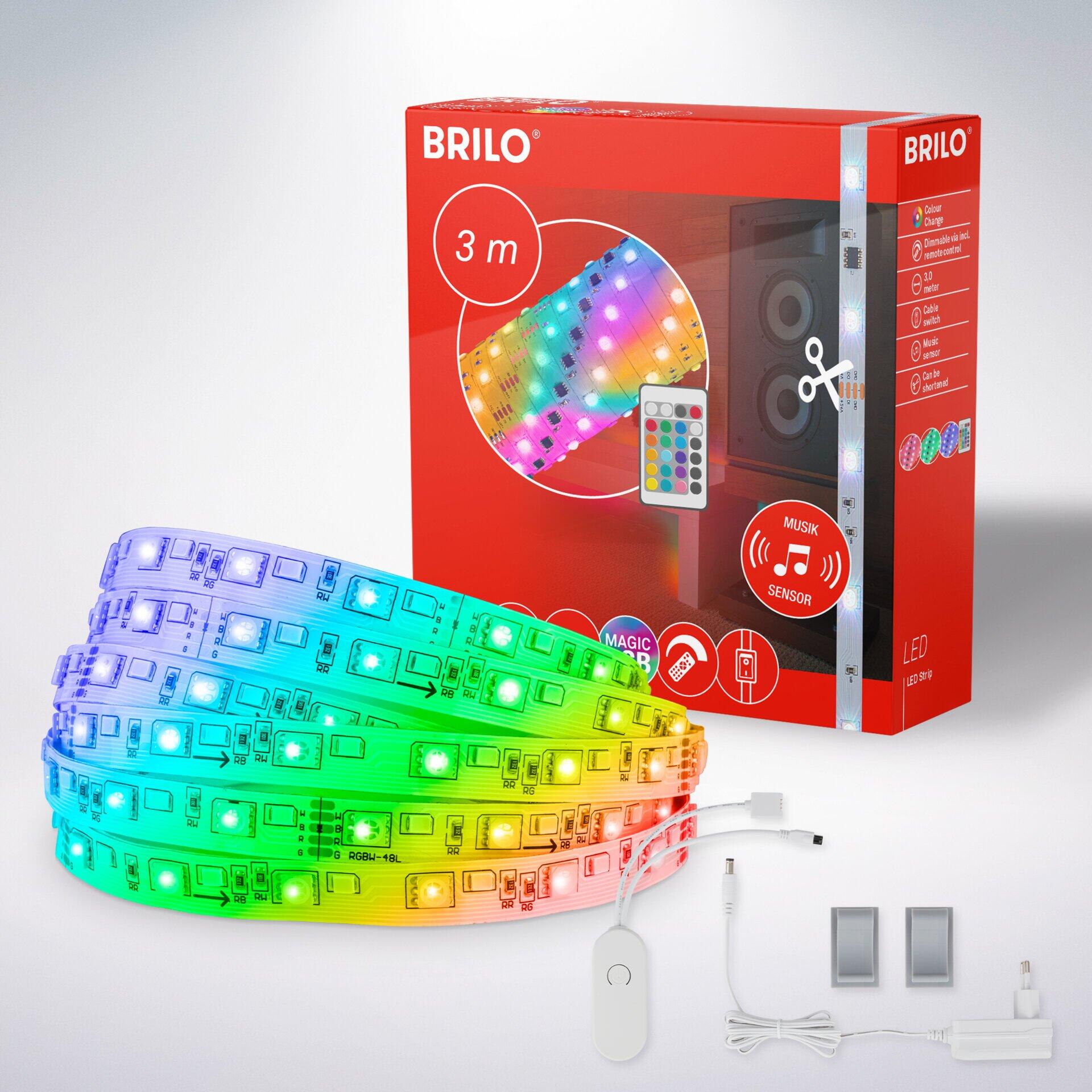LED Band Magic mit Farbverlauf von Rot bis Violett, inklusive Fernbedienung und Musiksensor-Funktion, demonstriert auf 3 Metern Länge.