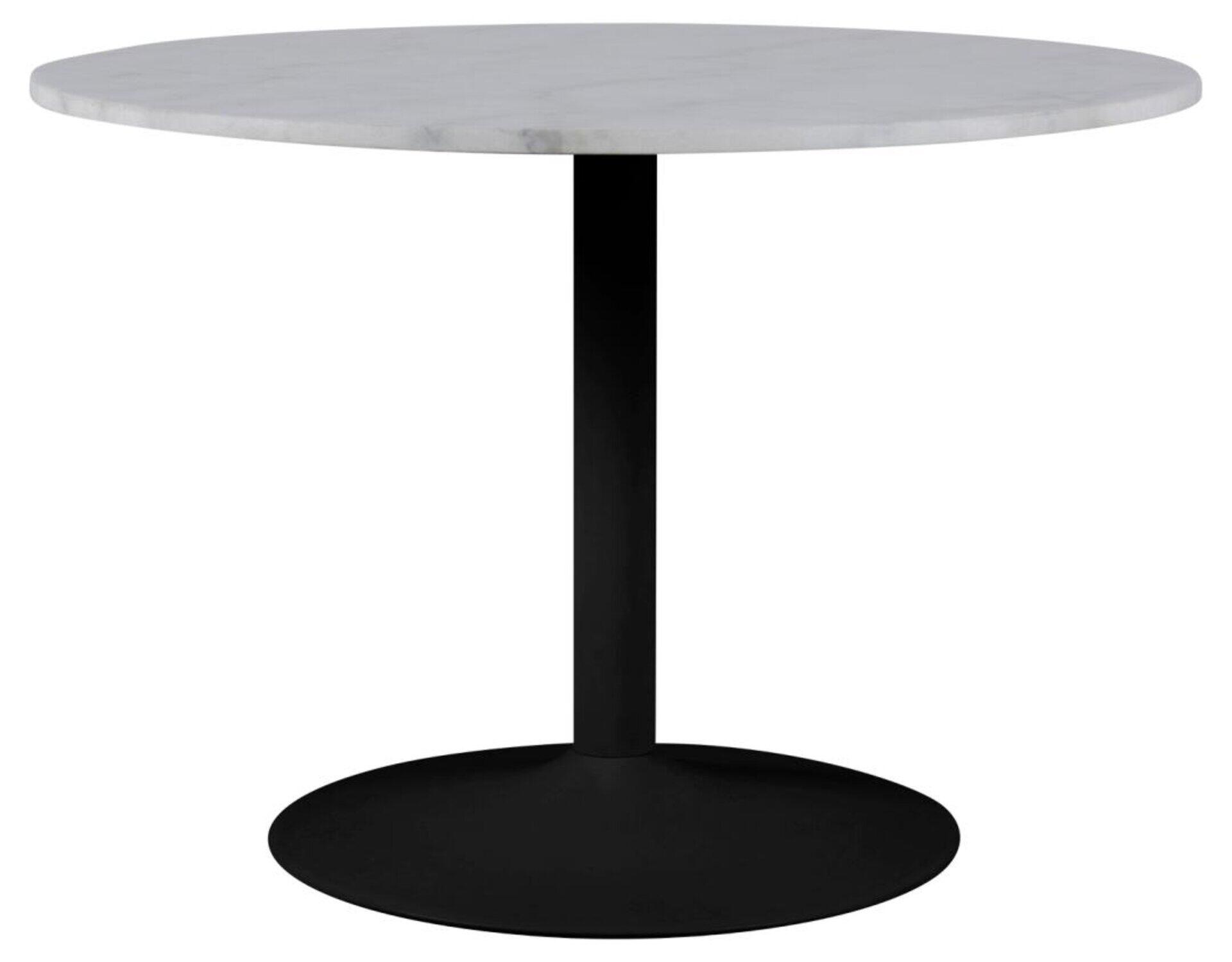 Runder Couchtisch Tarifa mit weißer Marmorplatte und schwarzem Metallfuß, frontal und leicht erhöht fotografiert.