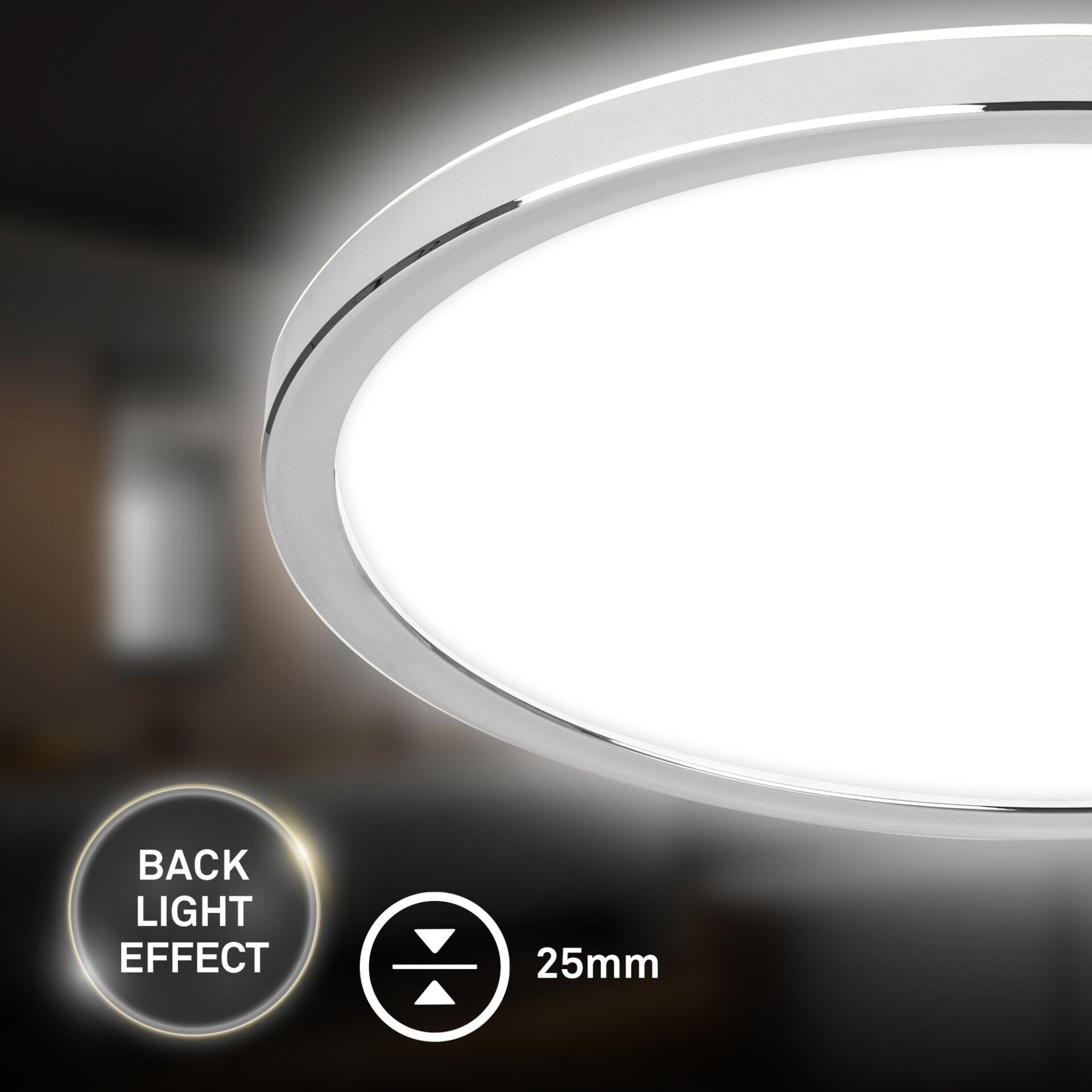 Runde Badezimmerleuchte Pulap mit silbernem Rahmen, beleuchtet durch Rücklicht, Detailaufnahme mit Angabe der Dicke von 25mm und Hervorhebung des "Back Light Effect".