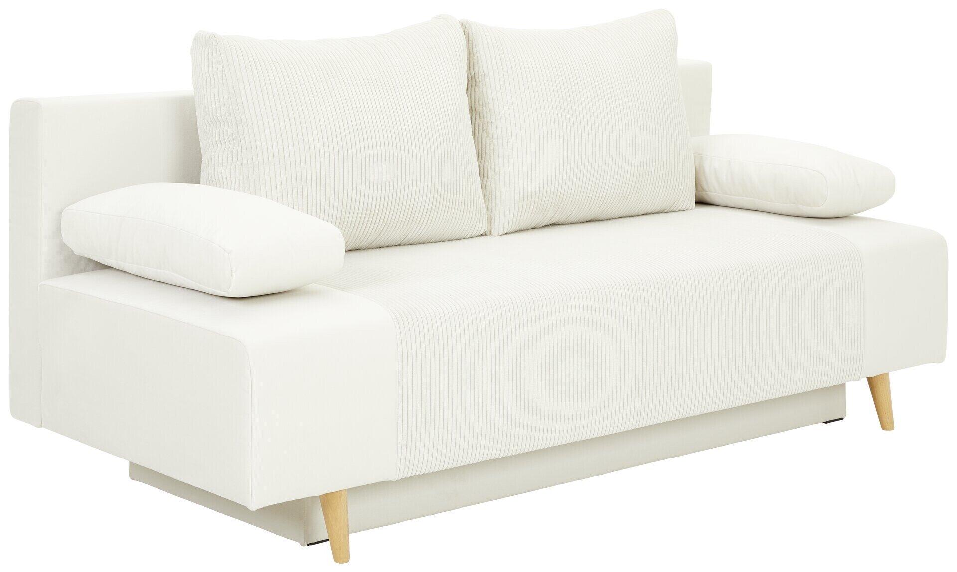 Cremefarbenes Schlafsofa Leon 2 Lux im 3/4-Profil mit aufgeklappter Schlaffunktion und sichtbaren Holzfüßen aus Buche natur.