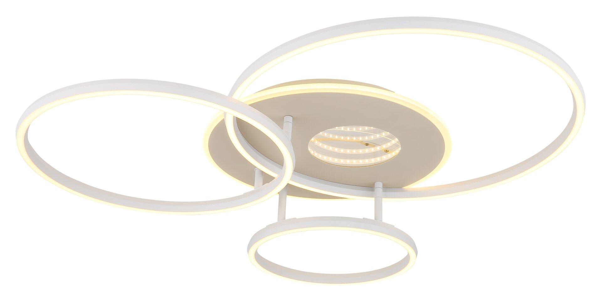 Deckenleuchte INVERTINA mit drei ineinander verschachtelten, weißen LED-Ringen und silbergrauer Basis, dargestellt in einer Frontalperspektive, die das innovative Design und die gleichmäßige Lichtverteilung hervorhebt.