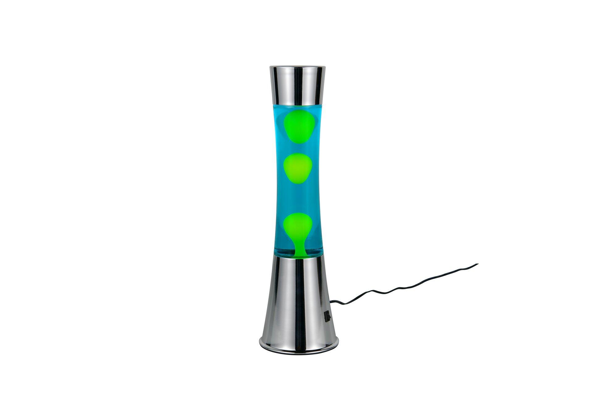 Lava-Lampe Etna mit silbernem Fuß und zylindrischem Lampenkörper, zeigt im Detail grüne "Lava"-Kugeln, die in der Flüssigkeit auf und ab schweben.