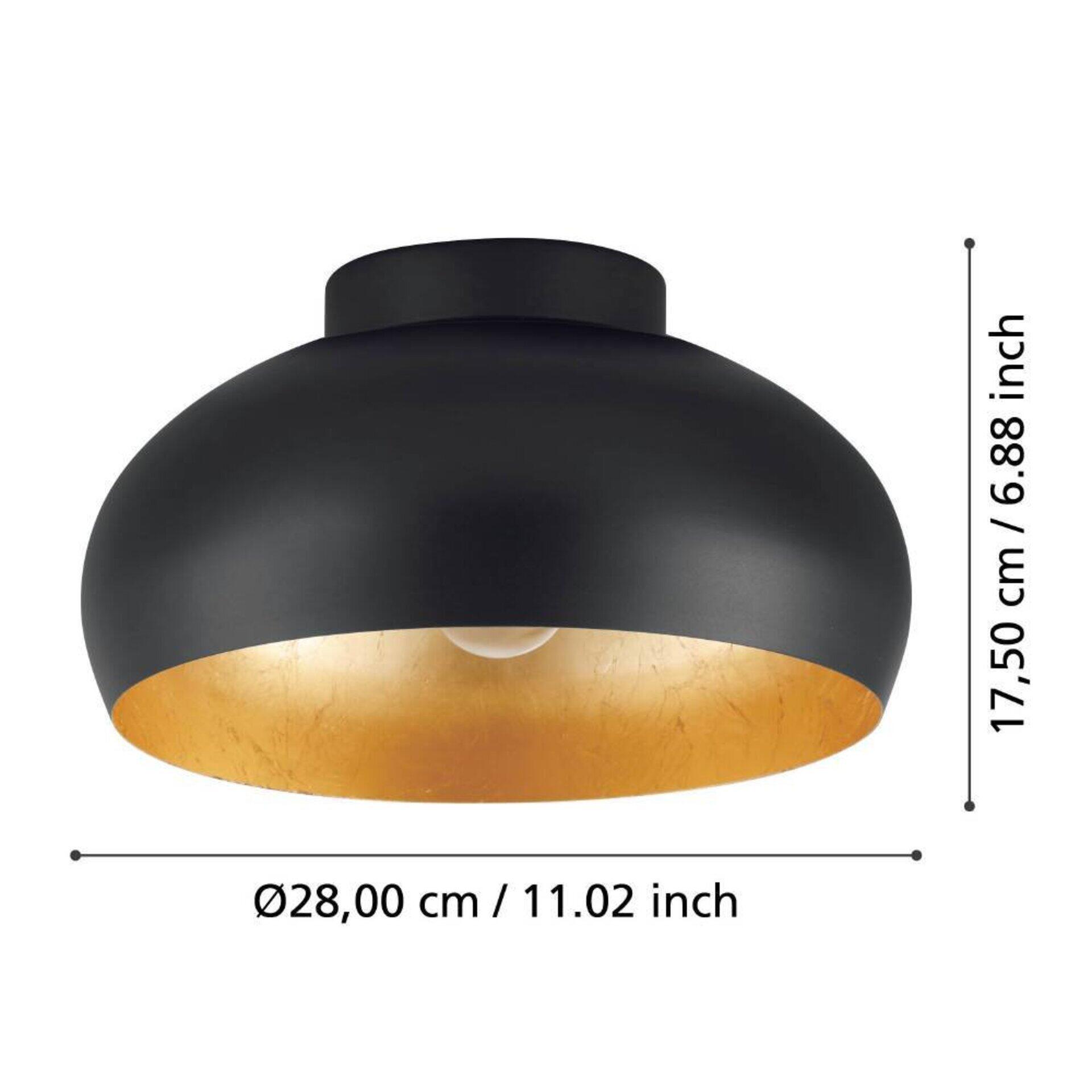Deckenleuchte Mogano 2 mit halbkugelförmigem, schwarzem Metallsschirm und weißem Innenraum, die warmes Licht nach unten abstrahlt.