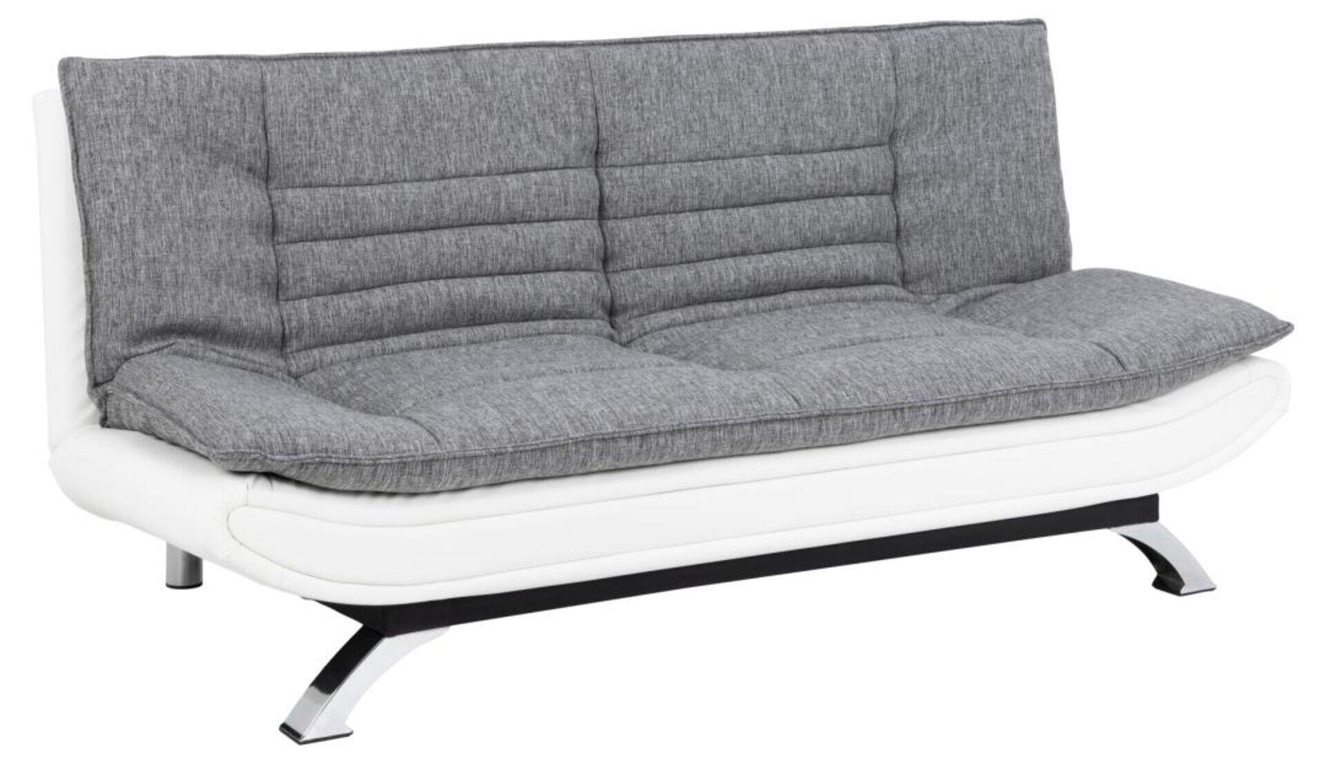 Bettcouch Faith mit Chromstahlgestell und abklappbaren Rückenlehnen in weißem Kunstleder und grauem Velours.