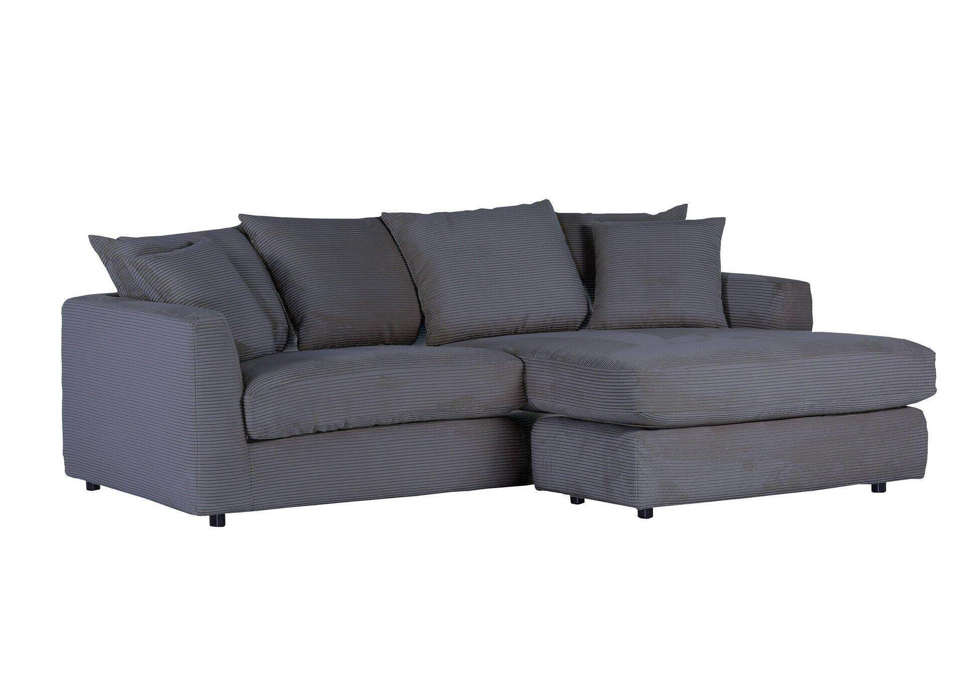 Ecksofa Donato in Grau mit niedrigem Design, breiten Armlehnen und L-förmiger Ecklösung, aus der Vogelperspektive erkennbar.