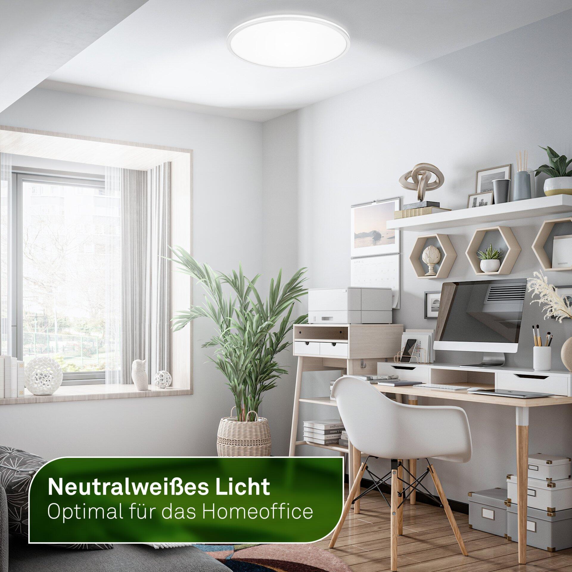 Wand- und Deckenleuchte Lana a integriert in einen hellen Homeoffice-Arbeitsplatz mit Schreibtisch und viel Ablagefläche, aus leicht erhöhter Perspektive.
