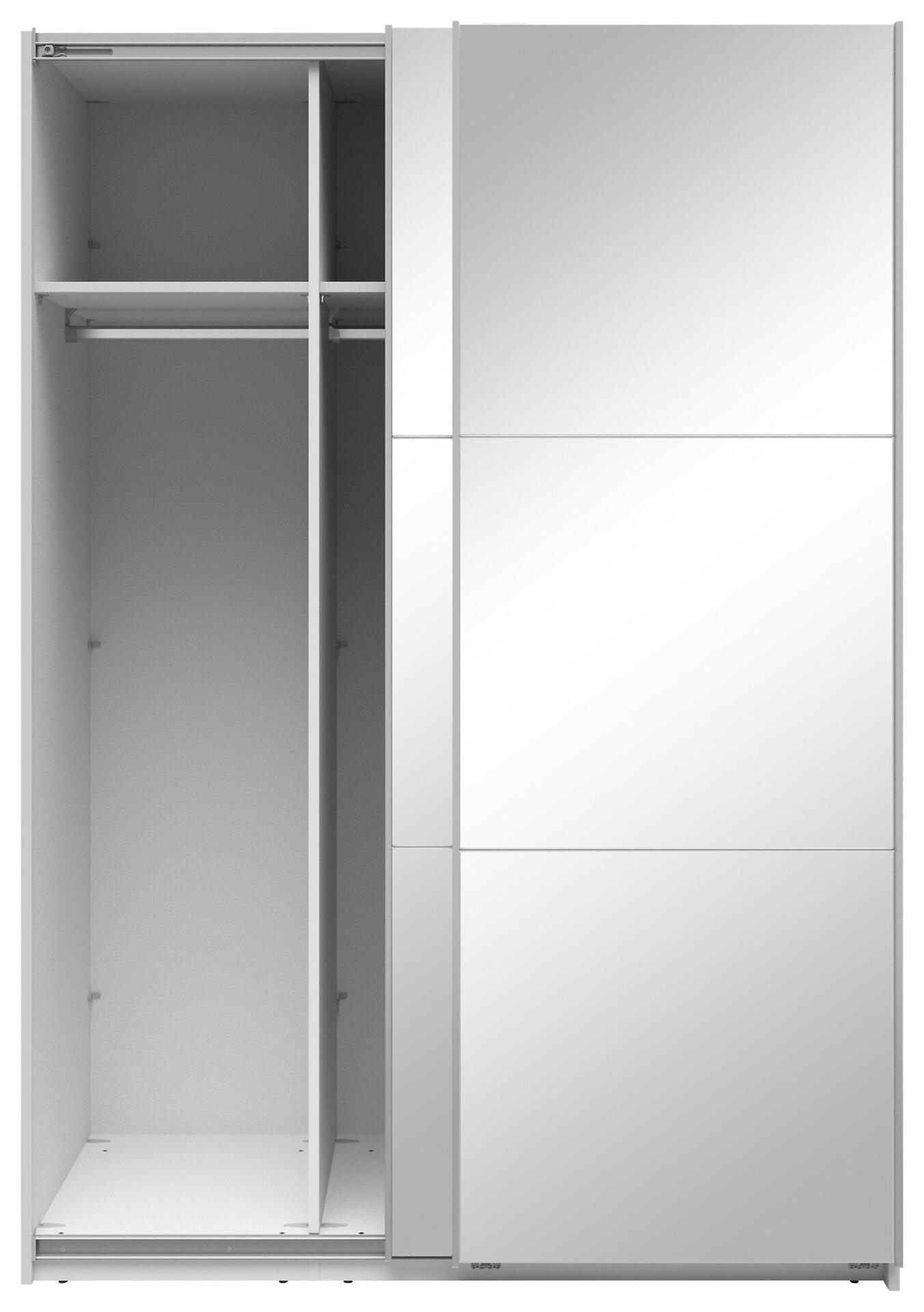Schwebetürenschrank Neo mit zwei Schiebetüren, eine geschlossen in neutralem Dekor, die andere transparent und Blick auf das Innere mit zwei Kleiderstangen.