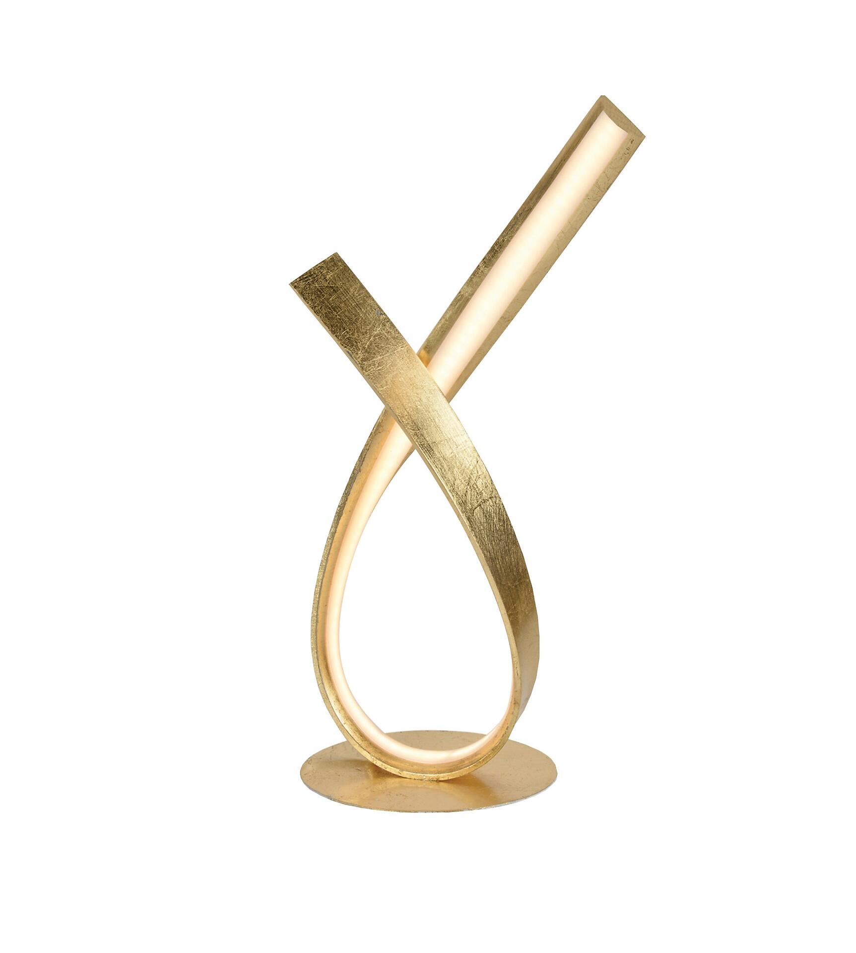 Tischleuchte Linda mit goldenem, gebogenem Metallrohr und Schnurdimmer für eine elegante, indirekte Beleuchtung.
