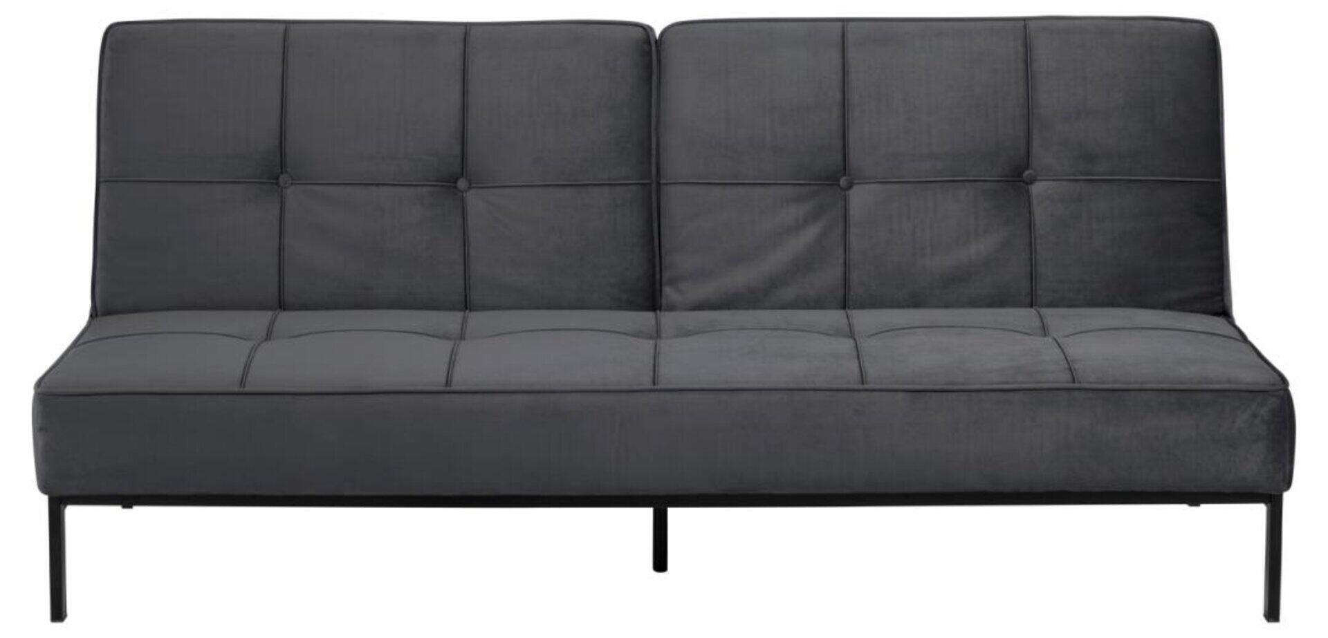 Schlafcouch Perugia in Grau mit verstellbarer Rückenlehne und quadratischen Nähten, gezeigt in Frontalperspektive auf schlanken Metallfüßen.