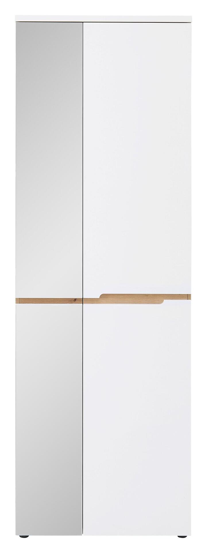 Garderobenschrank Memphis mit weißer, supermatter Front und Artisan Eiche Nb-Absetzung, zeigt eine Spiegeltür und eine Holztür mit horizontalen Griffen in gerader Frontansicht.