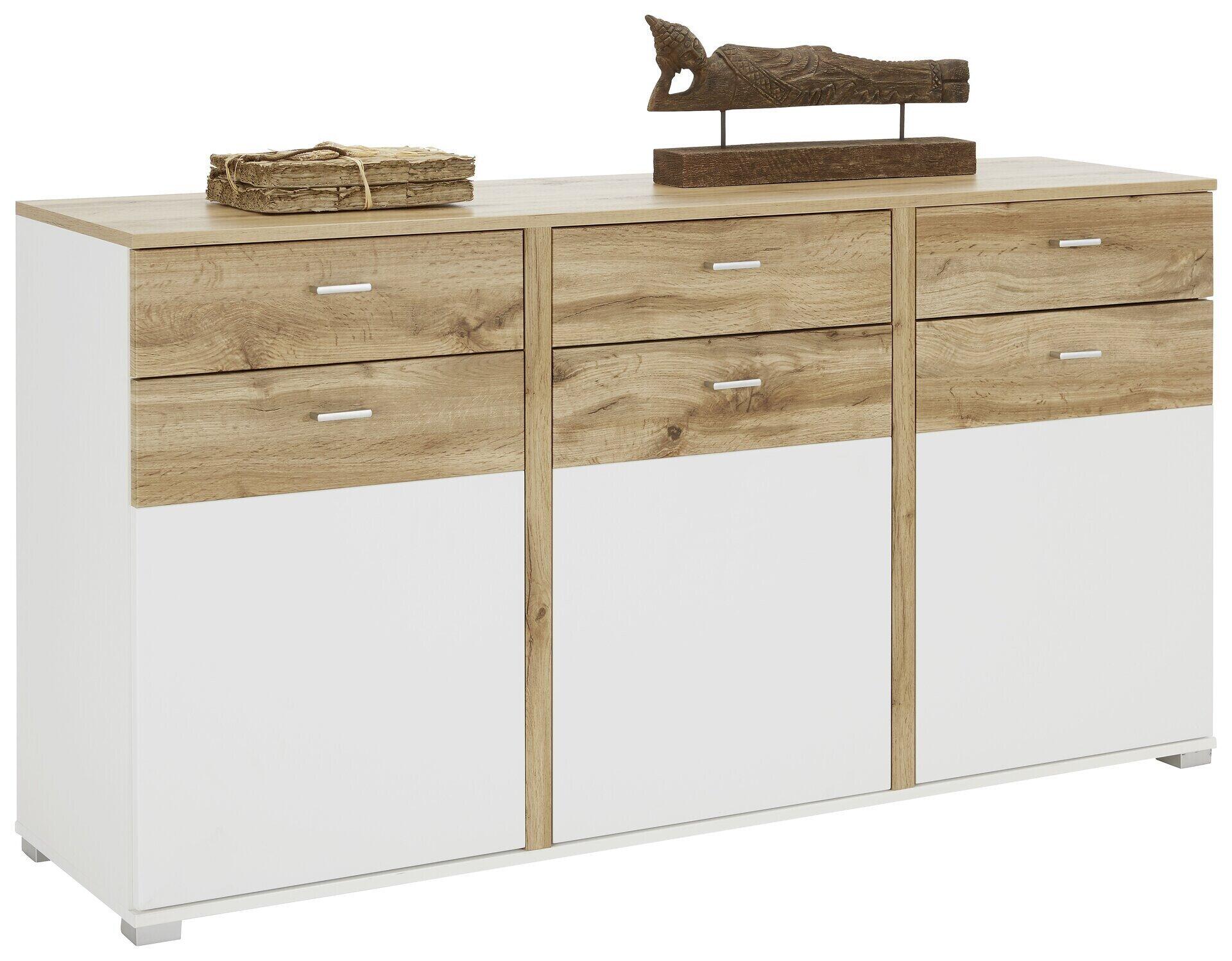 Sideboard Alamo mit weißen Fronten, Eiche Altholz-Applikationen, drei Schubladen und drei Türen, dargestellt aus Frontalperspektive mit dekorativen Elementen auf der Oberseite.
