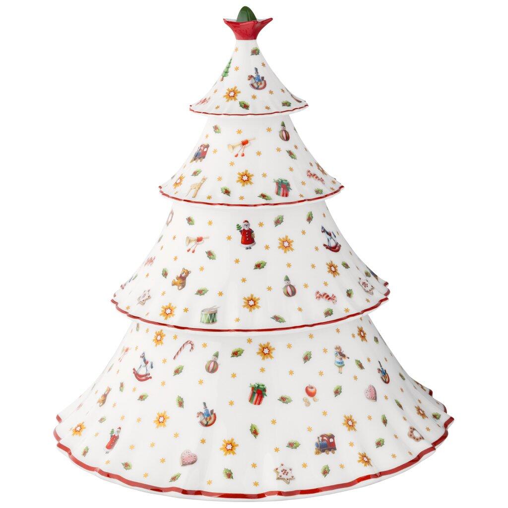 Weihnachtlicher Baum Dose von Villeroy & Boch mit verspielten Motiven wie Engeln, Geschenken und einem kleinen Weihnachtsmann, dargestellt in leicht erhöhter Perspektive.