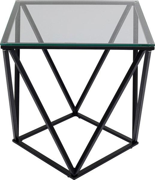 Beistelltisch Cristallo Schwarz mit filigranem, schwarzem Metallgestell aus kreuzenden quadratischen Streben und transparenter Glasplatte.