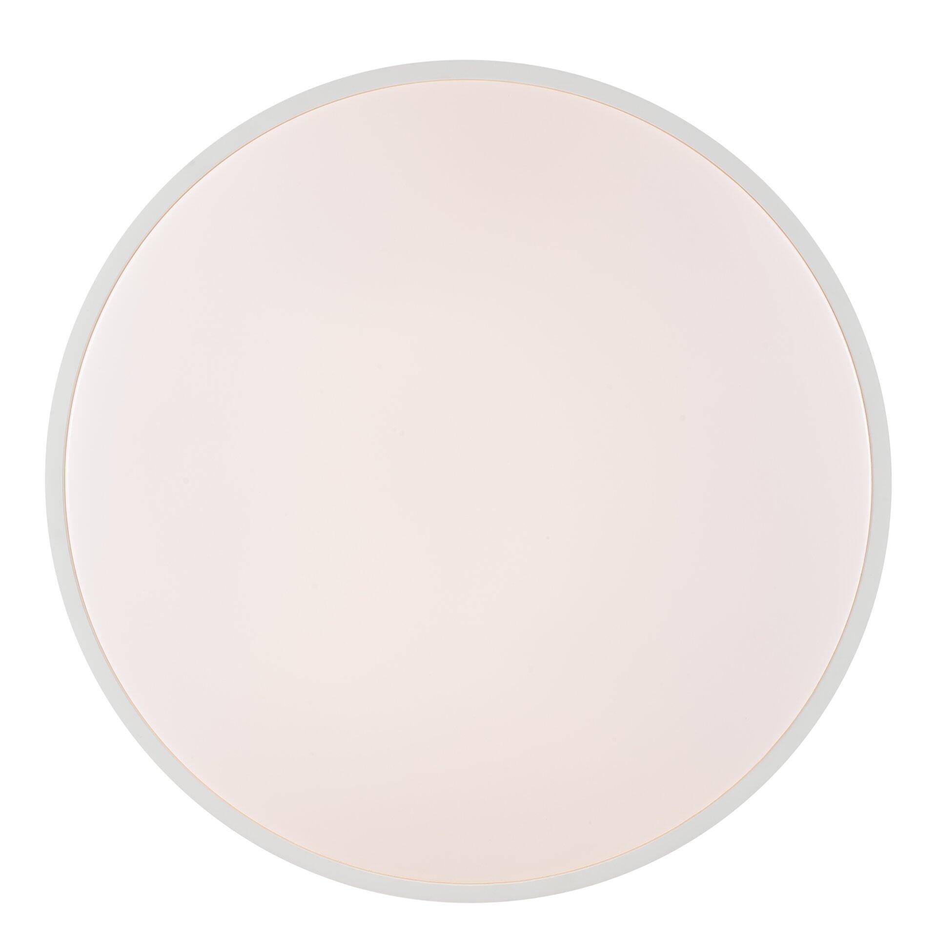 Deckenleuchte Solistra mit zarter Pastellrosa Farbe und weißem Rand, frontal aufgenommen, zeigt das Gesamtbild der LED-Deckenleuchte.