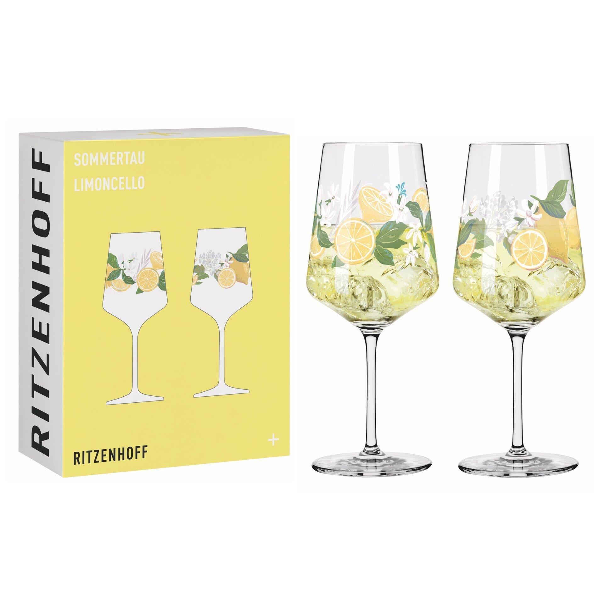 Zwei elegante Champagnergläser mit Zitronen-Dekor, präsentiert in einer Geschenkbox der Marke RITZENHOFF.
