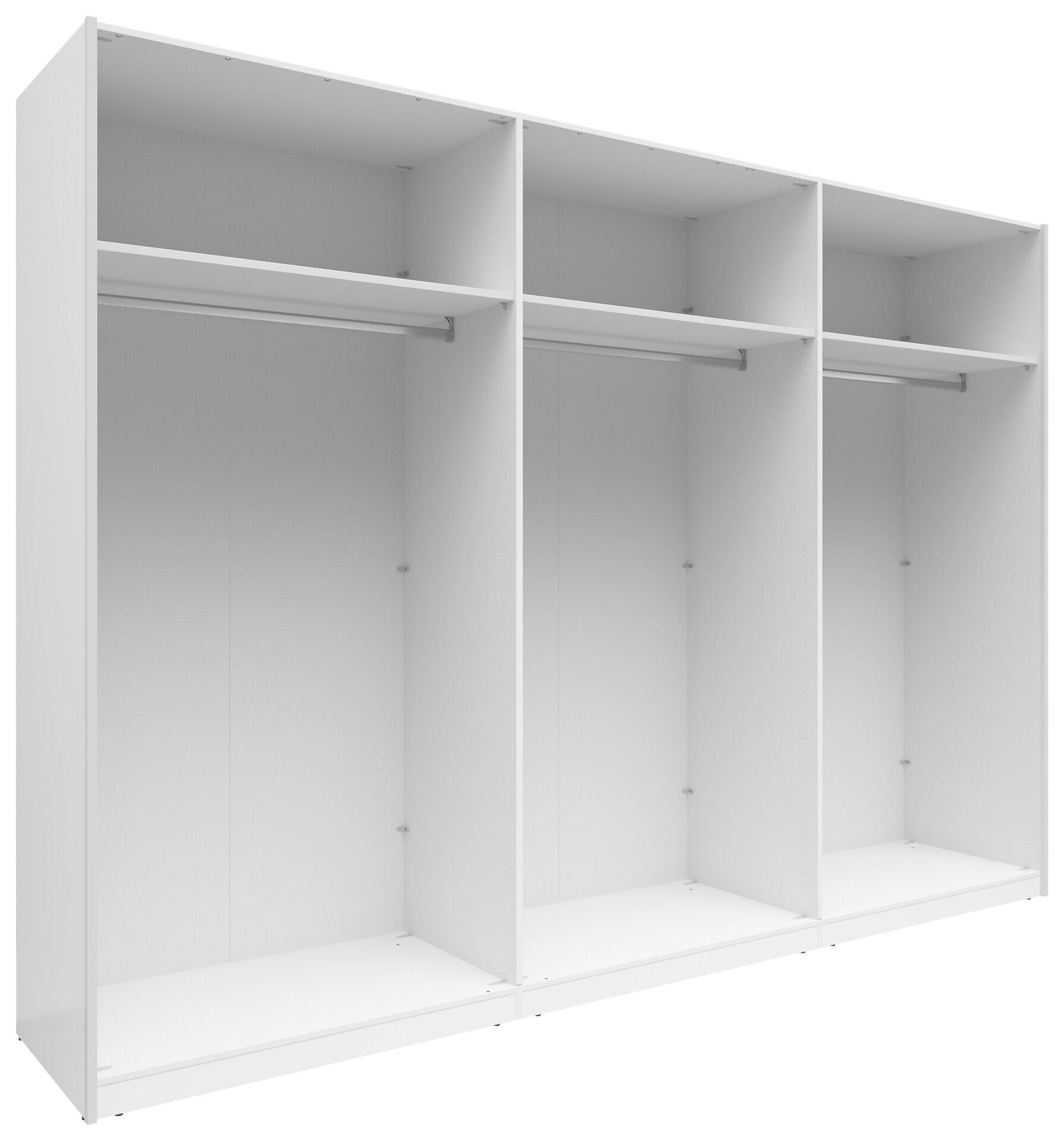 Weißer Schwebetürenschrank Neo mit drei Innenfächern, jeweils mit Kleiderstange und Boden, aus einer Vogelperspektive.