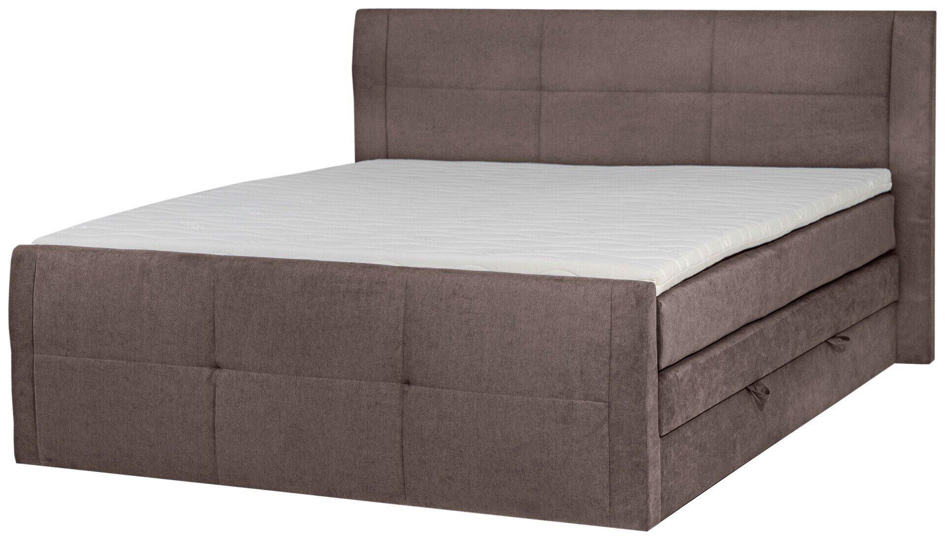 Boxspringbett Limos 2 mit anthrazitfarbenem Kopfteil und Auszug, der einen integrierten Stauraum zeigt.