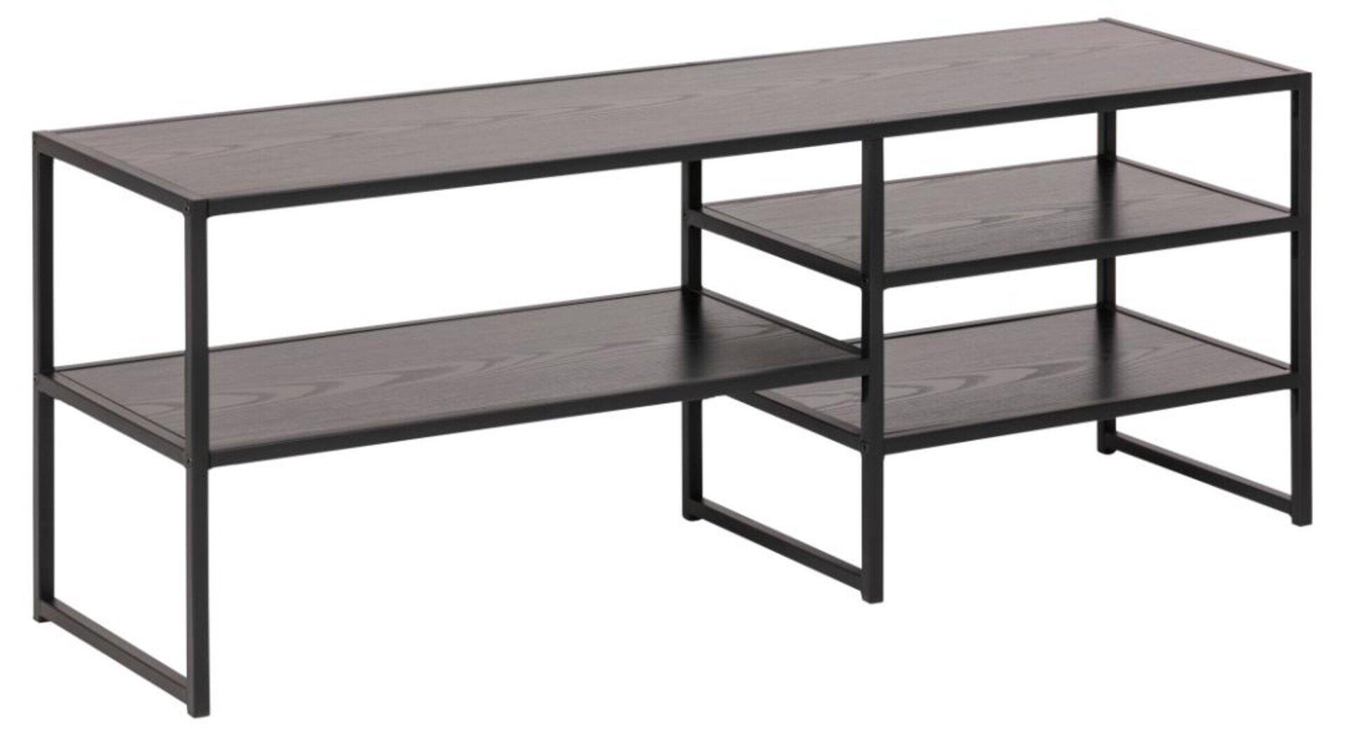 Moderner TV-Tisch Seaford mit drei bündig eingelassenen Ablageflächen und schlichtem Metallrahmen im 3/4-Profil.