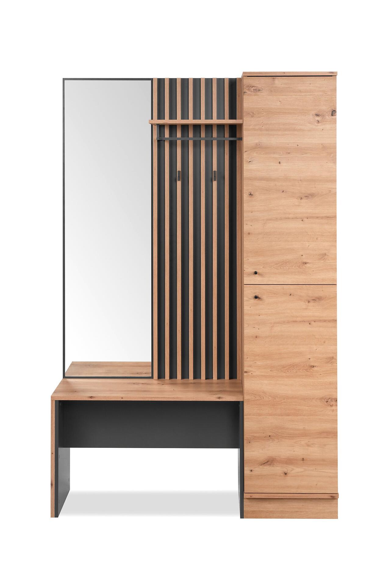 Kompaktgarderobe Medan 42B mit Spiegel, Hakenleiste, Sitzbank mit Dekor Artisan Oak und Schrankelement im modernen Design.
