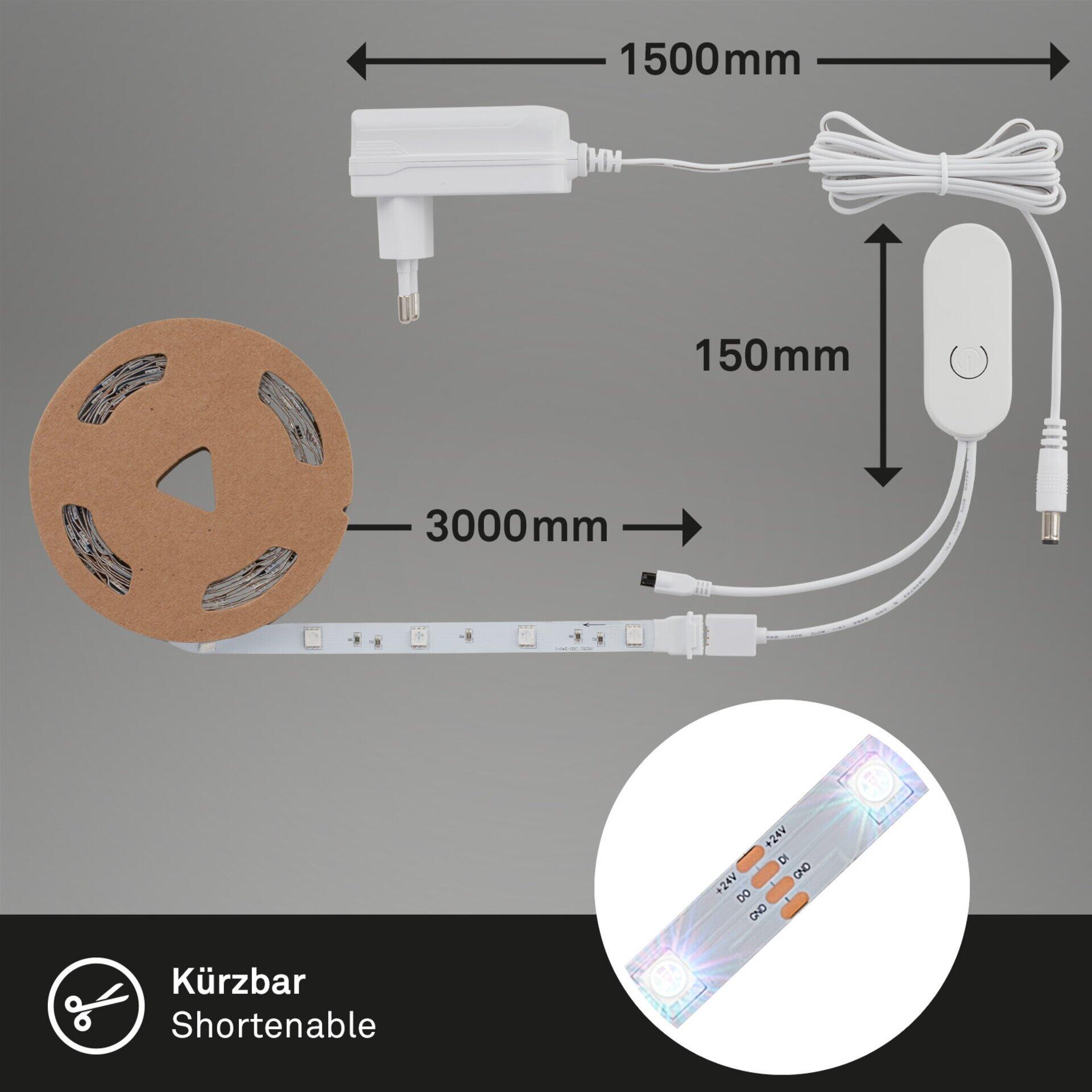 LED-Band Magic, Vogelperspektive auf das 300 cm lange LED-Streifenlichtsystem mit abgeteilten LED-Segmenten, Netzteil, Controller und Klebestreifen auf der Rückseite.