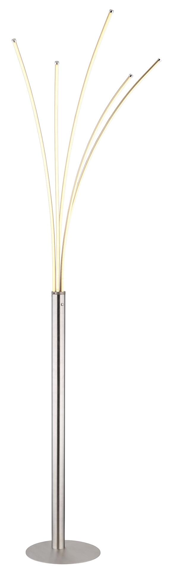 Stehleuchte BIZZY mit gebogenen Armen und länglichen Lichtelementen, die warmweißes Licht abstrahlen, zeigt die moderne Form und das elegante Design.
