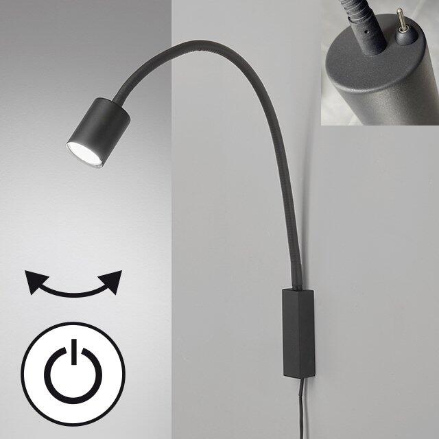 Bettleuchte Flex, Justi: Flexible Wandlampe mit verstellbarem Lampenkopf und Touch-Dimmer zur individuellen Ausrichtung und Beleuchtung.