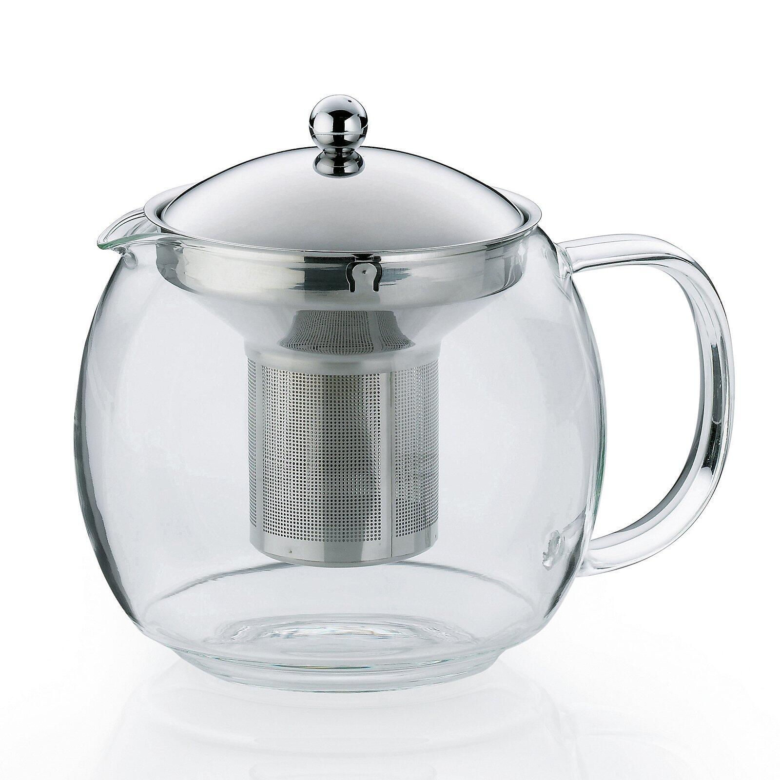 Teekanne Cylon aus transparentem Glas mit Edelstahl-Deckel, Teesieb und ergonomischem Glasgriff, Detailaufnahme in Frontalperspektive.