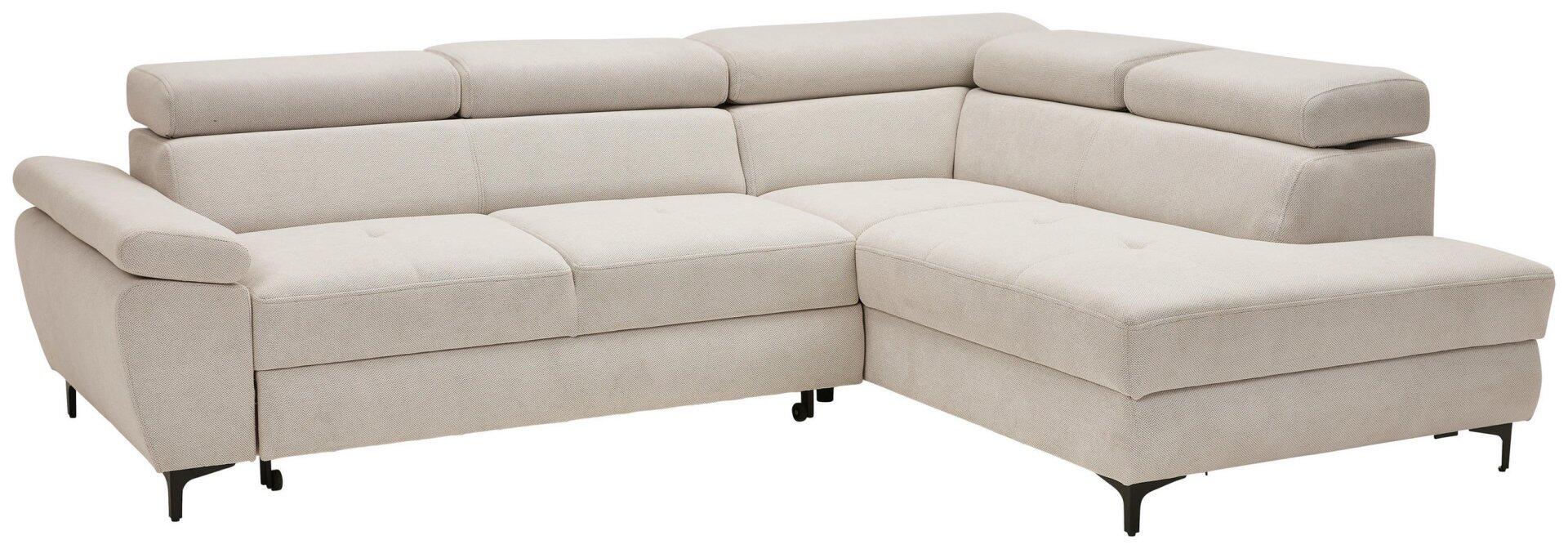 Ecksofa Combo in hellbeige mit Winkelfüßen und abklappbarer Kopfstütze, verstellbaren Arm- und Kopfteilen sowie flexiblen Rückenlehnen für individuelle Entspannung.