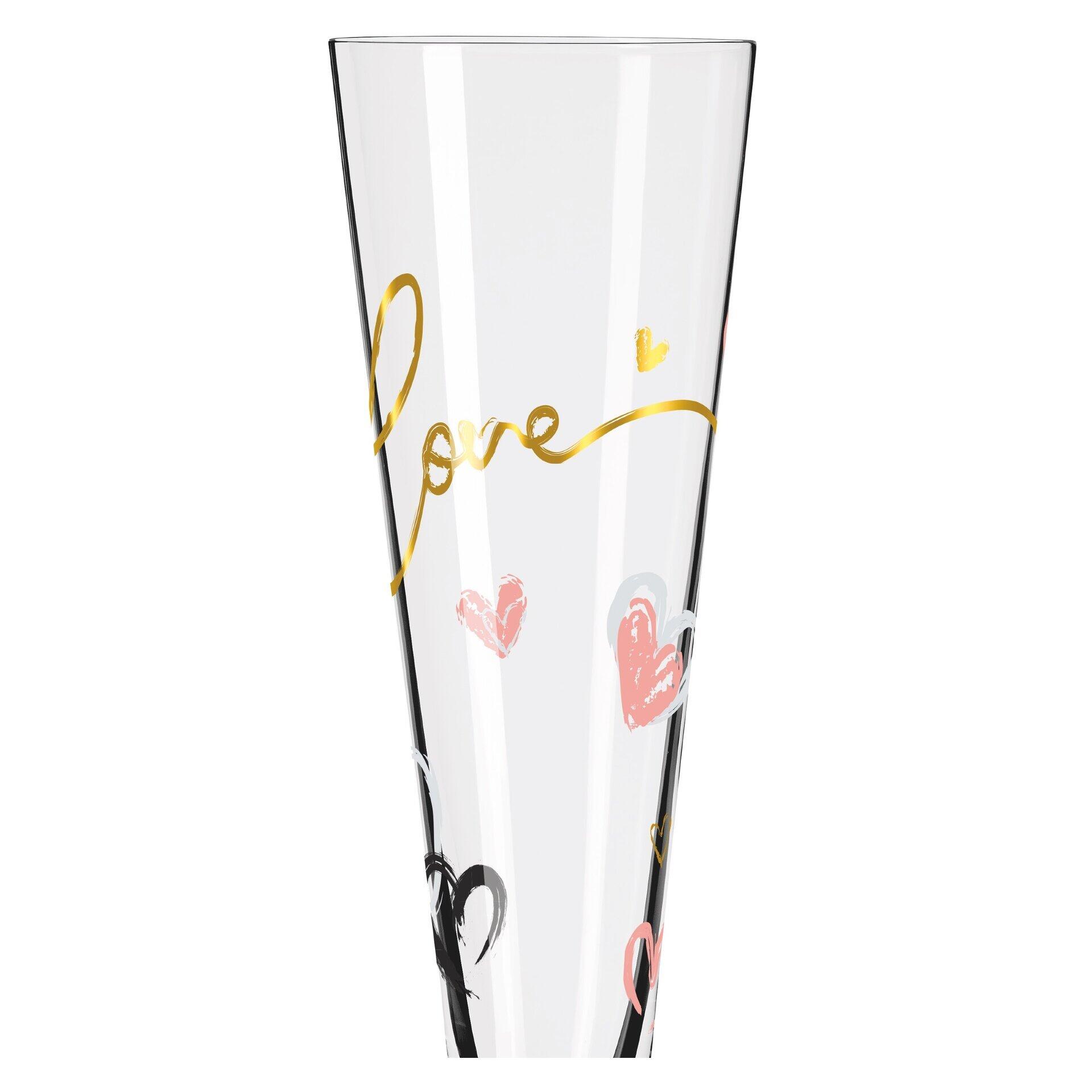 Champagnerglas-Set mit Herz-Motiven und Schriftzug "love" in attraktiver Geschenkbox.