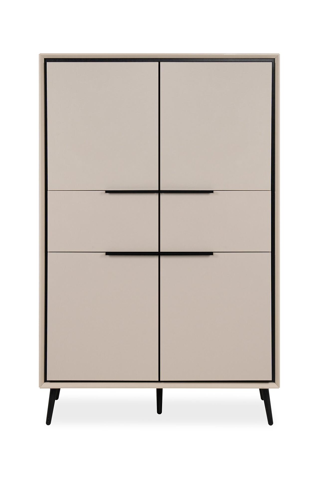 Highboard Arona 53A mit schwarzem Rahmen, Griffen und konischen Füßen, dargestellt in einer Frontalperspektive mit unterteiltem Innenraum und Schublade.