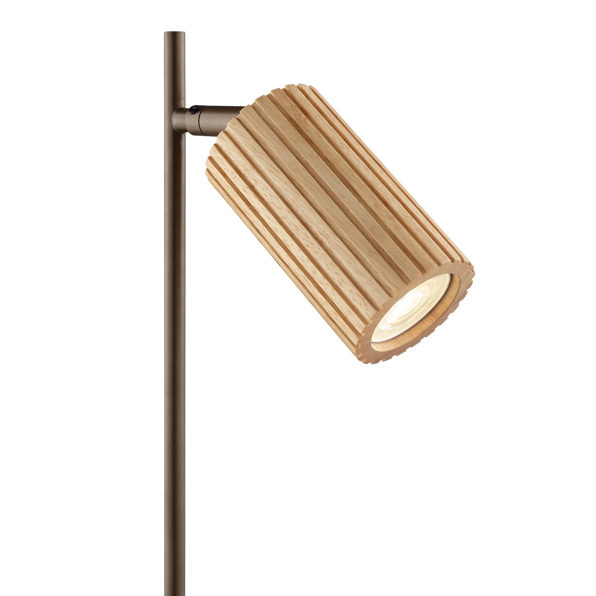 Tischleuchte Lakewood mit schwenkbarem Lampenkopf und strukturierten Holzlamellen, die aus der Frontalperspektive ihre Funktion als flexible Lichtquelle zeigen.