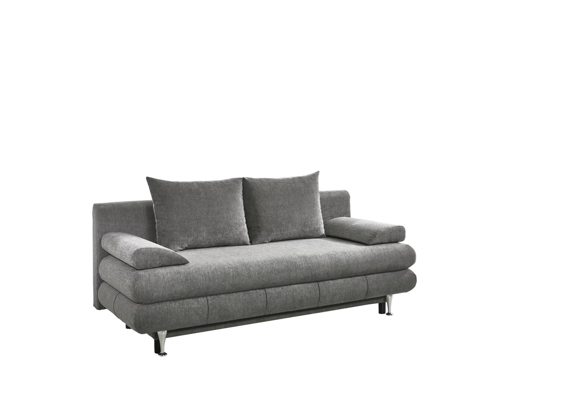 Schlafsofa Benfeld SO140 in Grau mit silbernen Beinen und angedeuteter ausklappbarer Liegefläche, ausgestattet mit Rückenkissen und Armlehnkissen.